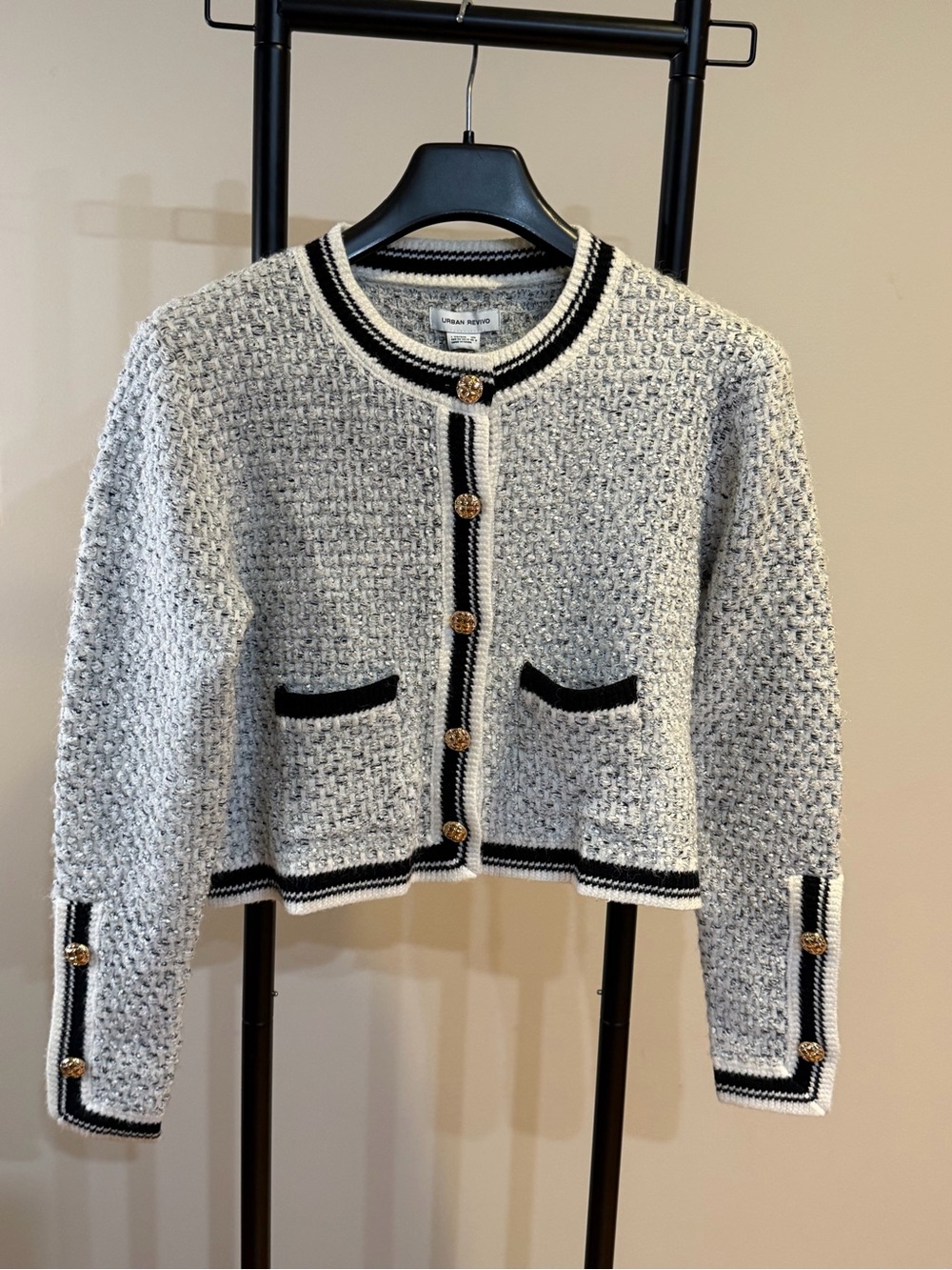 Urban Revivo Textured Knit Cardigan with Black Trim and Gold Buttons